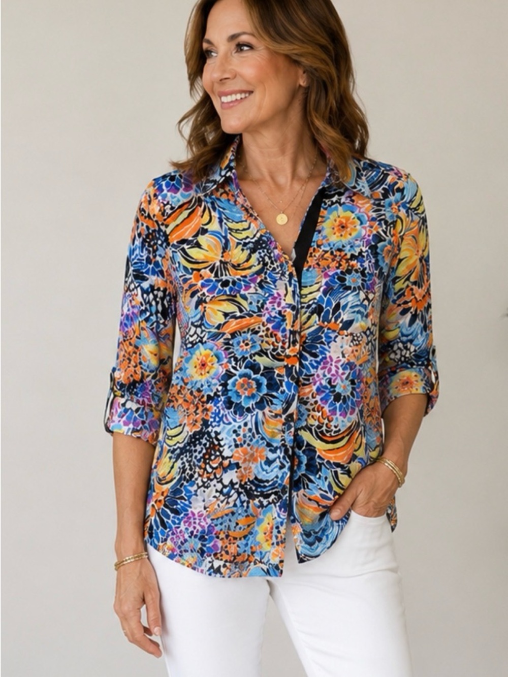Peck & PeckColorful Floral Abstract Stretch Button Front Blouse Small Artsy